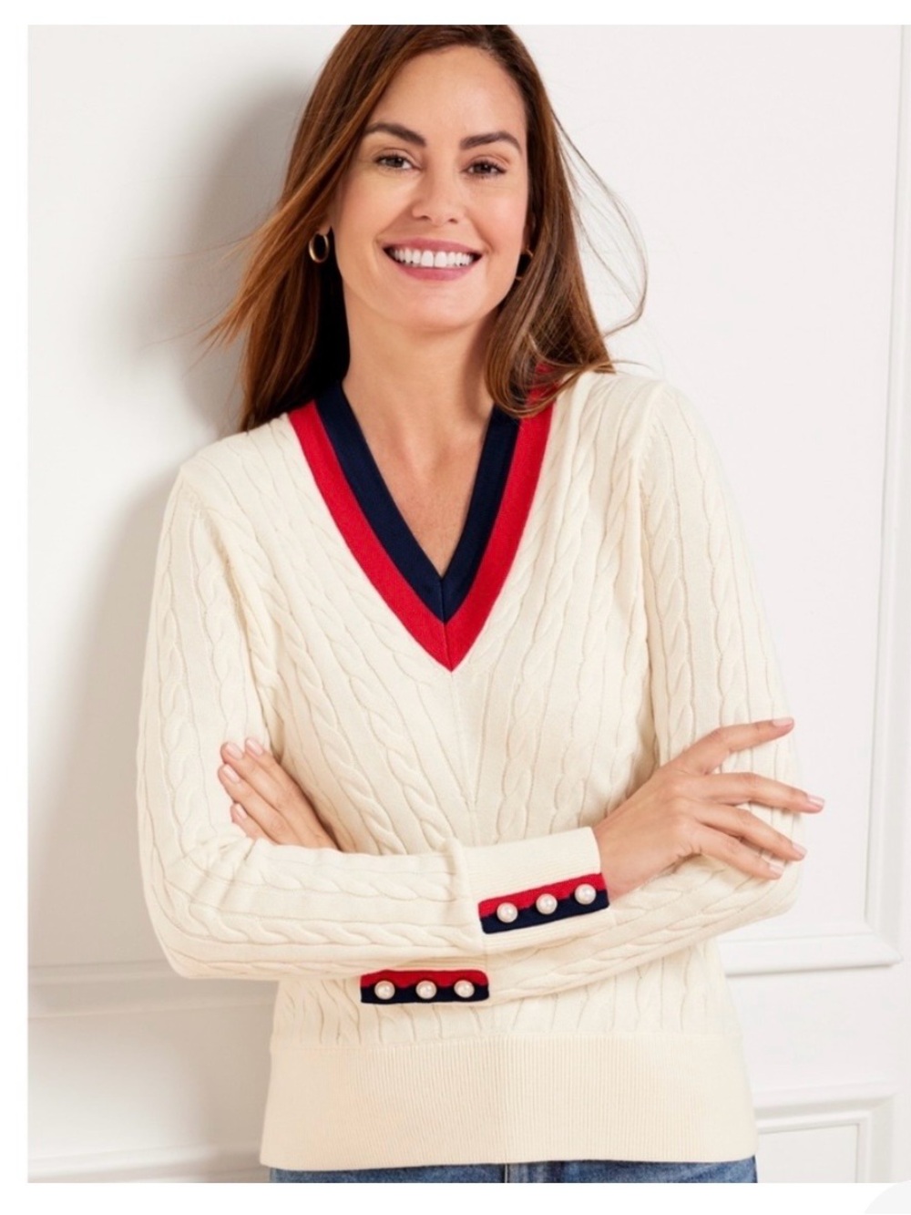 Talbots Cream Cable-Knit V-Neck Sweater with Red & Navy Trim